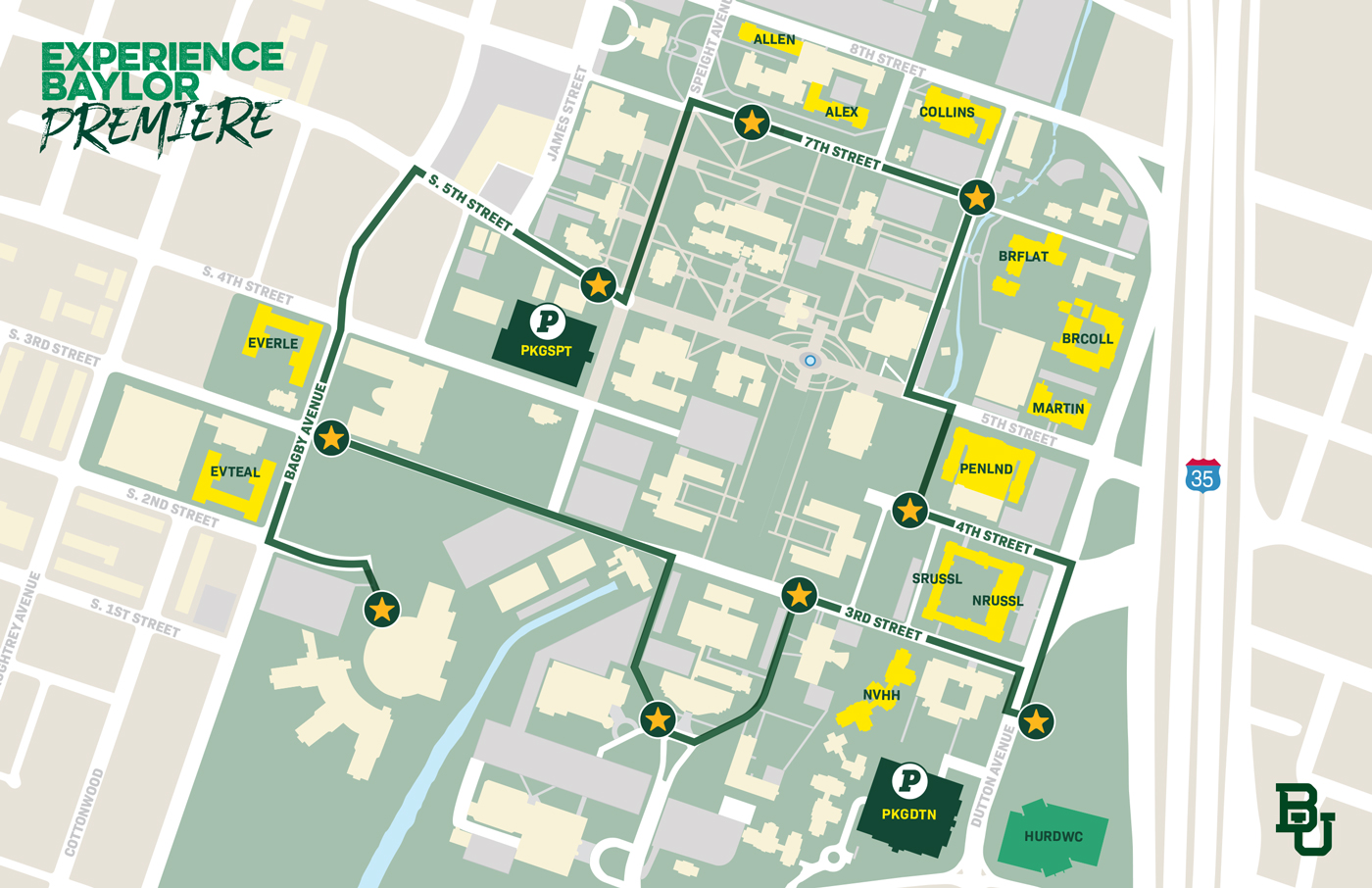 Top down map of Baylor campus highlighting all open Residence Halls in yellow relative to the shuttle route stops around campus