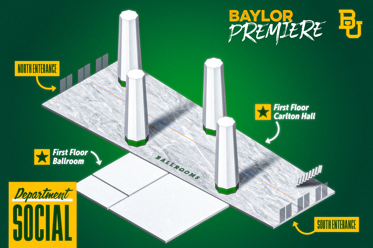 3D map of the Hurd Welcome Center for the Department Social. Ballroom is on the first floor to the left of the South Entrance. Carlton Hall is the main atrium as you enter the Hurd on the first floor.