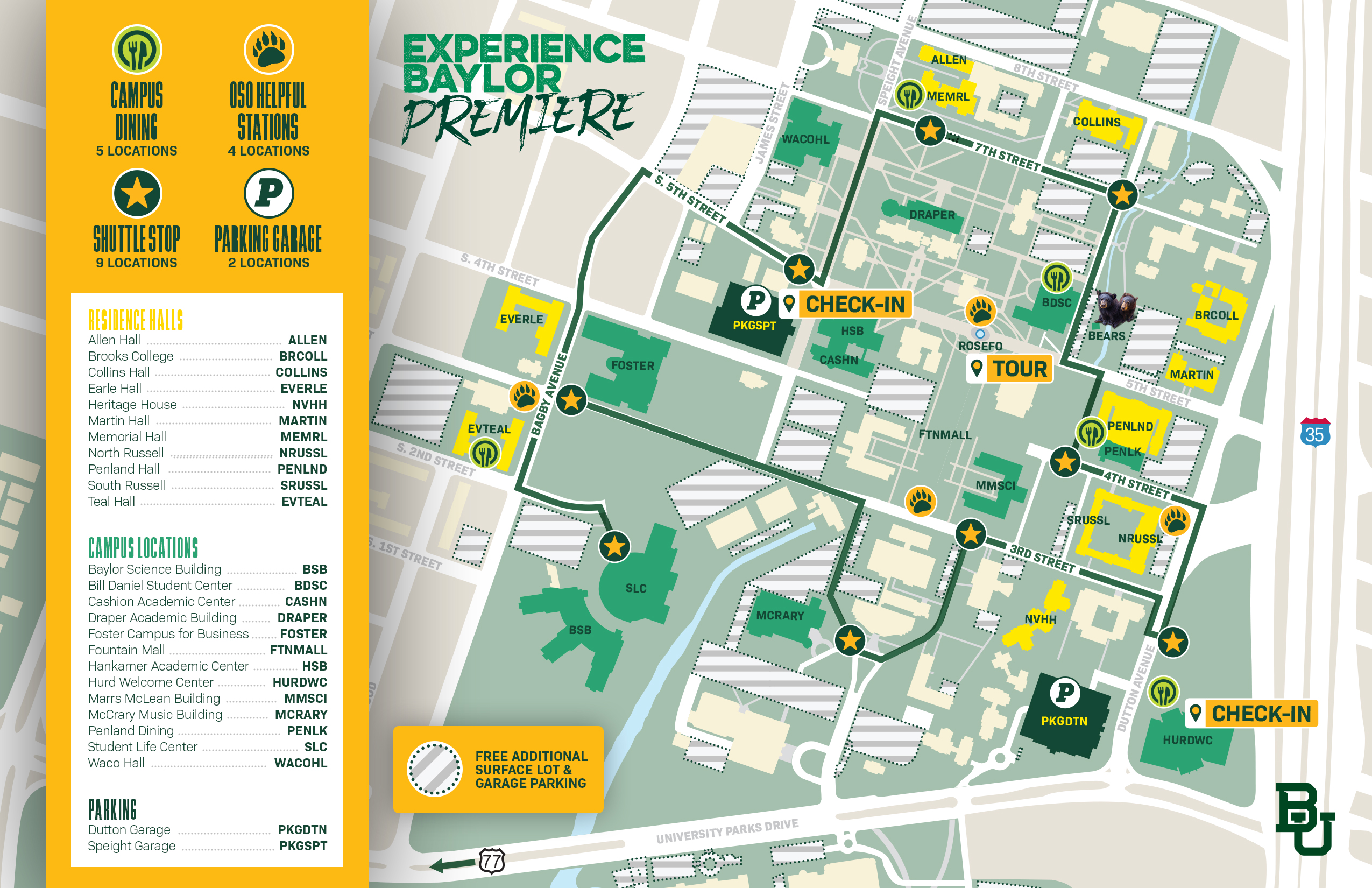 Top down map of Baylor campus highlighting all open Residence Halls in yellow relative to the shuttle route stops around campus