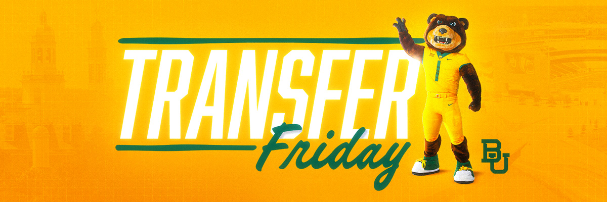 Transfer Friday text with Baylor mascot Bruiser standing off to the side against a gold background